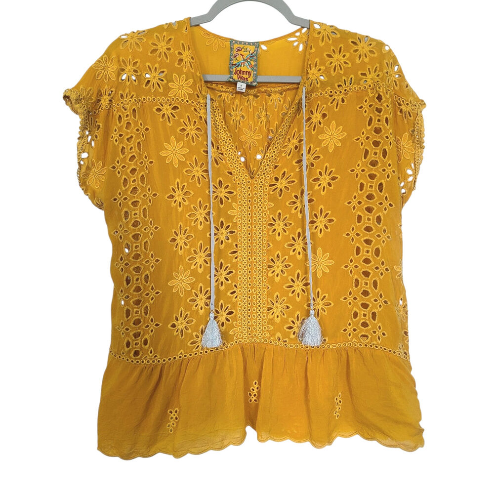 Johnny Was Leith Eyelet Embroidered Peasant Blouse Top Persimmon Yellow Size S